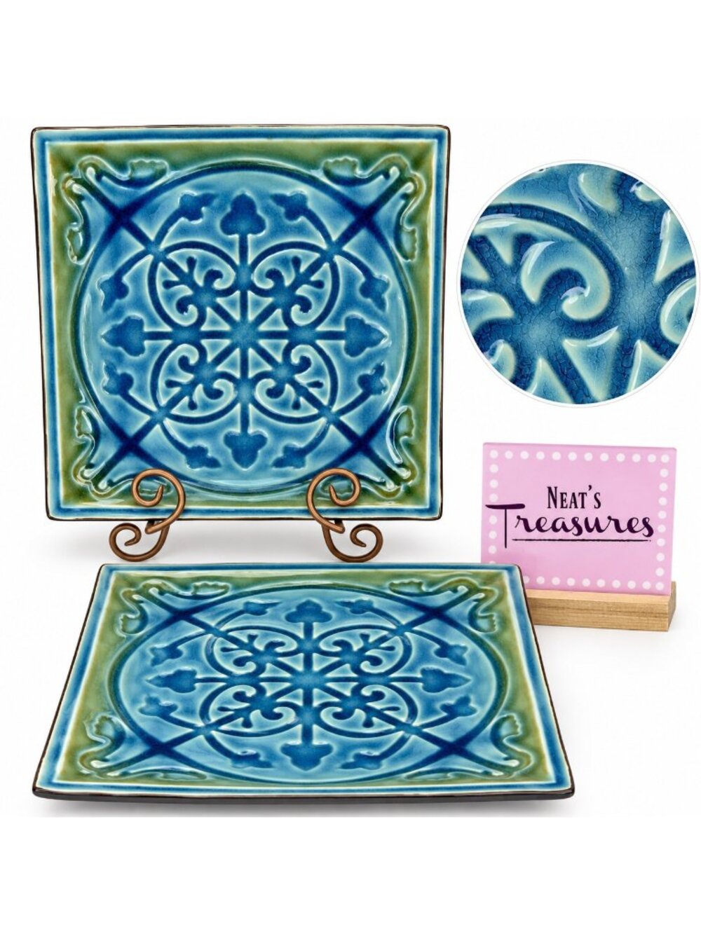 Roscher LORELEI BLUE Aqua Green Scrolls Crackle Design Square Dinner Plate Set 2